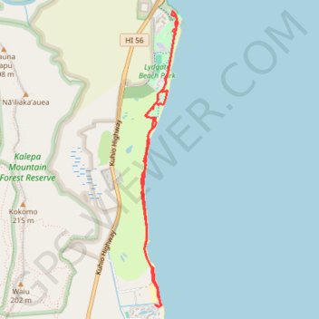 Nukolii Beach to Wailua River Park (Kauai Island) trail, distance, elevation, map, profile, GPS track