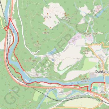 Walk over A9 bridge over River Braan by pedestrian pavement (sidewalk) and small diversion for SGN gas pipeline route then Fiddlers path trail, distance, elevation, map, profile, GPS track