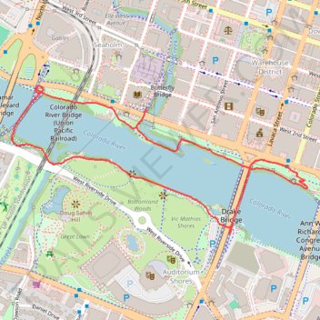 Central portion of the Ann & Roy Butler Trail including the Pfluger Bridge and South 1st Street Bridge trail, distance, elevation, map, profile, GPS track