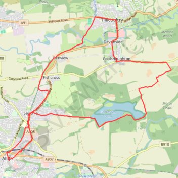 Bike ride around Coalsnaughton via Tillicoultry, Alloa and Gartmorn Dam trail, distance, elevation, map, profile, GPS track