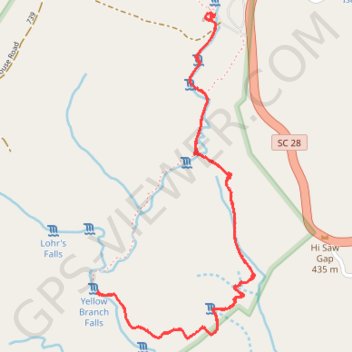 Yellow Branch Falls Trail in Sumter National Forest trail, distance, elevation, map, profile, GPS track