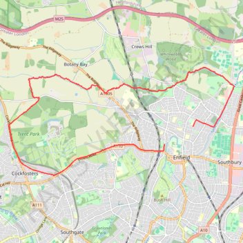 Cycle around Enfield from Forty Hall to Trent Park trail, distance, elevation, map, profile, GPS track