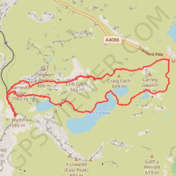 Hillwalk Snowdon Crib Goch trail, distance, elevation, map, profile, GPS track