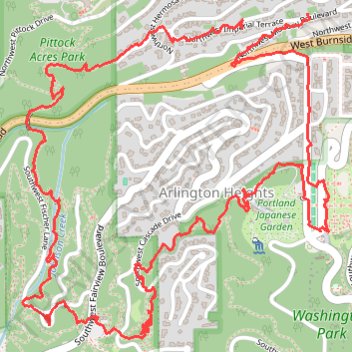 Loop hike via Pittock Acres Park, Wilwood Trail, Hoyt Arboretum, Magnolia Trail, Washington Park and Japanes Garden Trail trail, distance, elevation, map, profile, GPS track