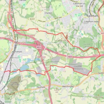 Walk Earlswood to North Merstham, via Nutfirld Marsh, Brewer Street, Tylers Green Godstone, Gravelly Hill, North Downs Way trail, distance, elevation, map, profile, GPS track