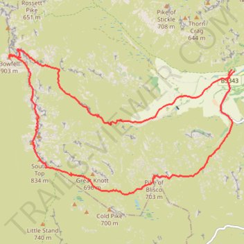 Bowfell, Shelter Crags, Third Crinkle (Gunson Knott), Crinkle Crags Long Top, South Top and Pike of Blisco Loop trail, distance, elevation, map, profile, GPS track