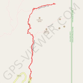 Cathedral Spires Trail in Custer State Park trail, distance, elevation, map, profile, GPS track